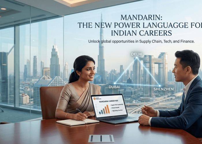 Indian and Chinese professionals discussing trade in a Dubai office, illustrating Mandarin career ROI